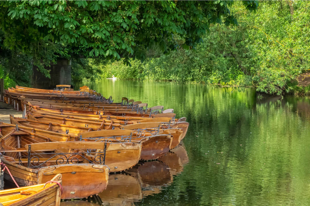 Wooden rowing boats on river in Manningtree